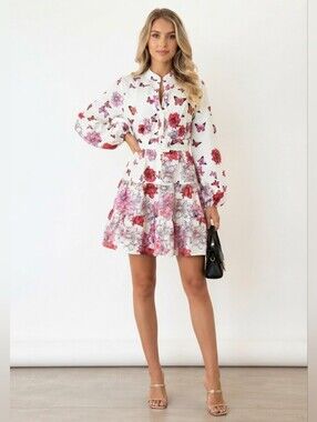 NWOT White/Pink Floral Butterfly Print Long Sleeve Dress Size M/L